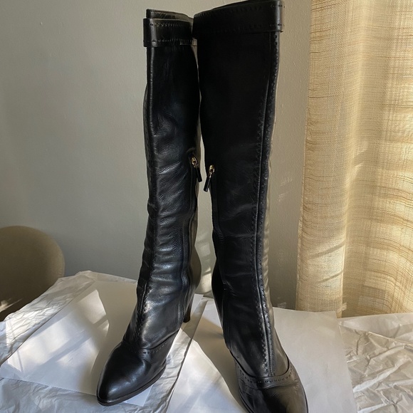 Louis Vuitton black leather zipper knee high boots heels 37.5 silver buckle 7.5 - Picture 4 of 15
